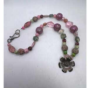 Boho Mixed Bead Flower Pendant Necklace Pink Green Glass Ceramic 23 Inch